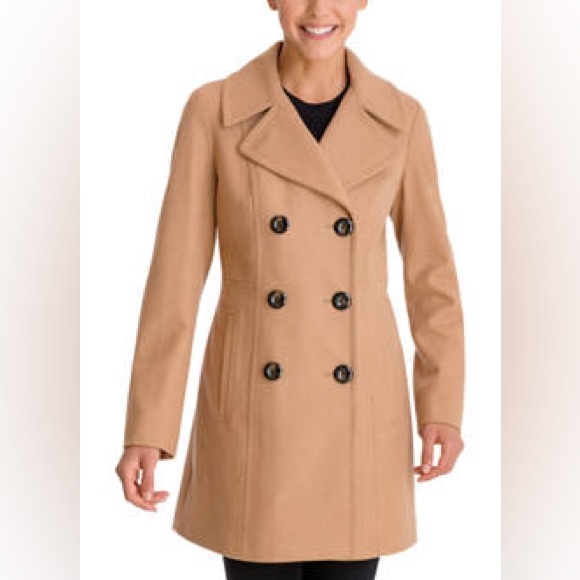 Anne Klein Camel Double-Breasted Pea Coat - Picture 1 of 4